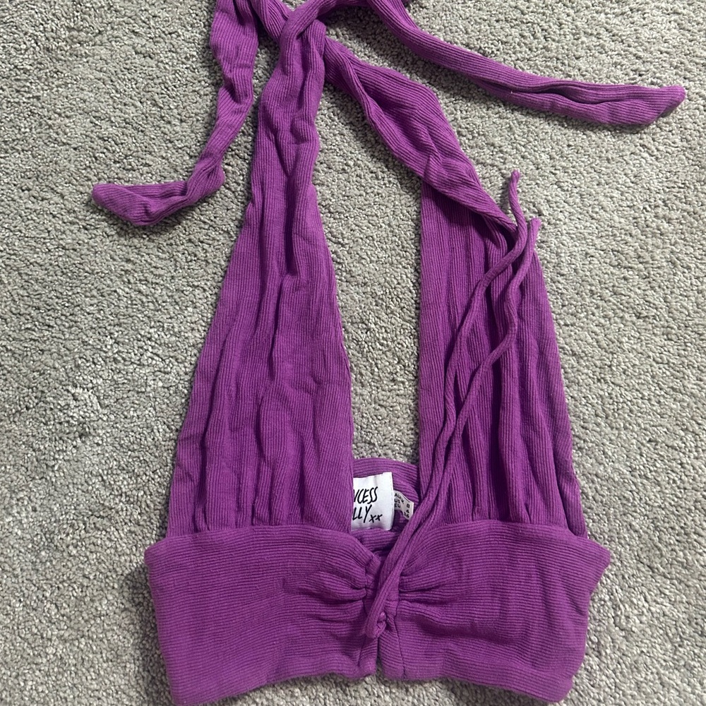 Princess Polly Purple Ribbed Halter Cropped Top